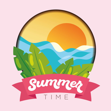 Summer time poster with sunset on the horizon badge Vectorのイラスト素材