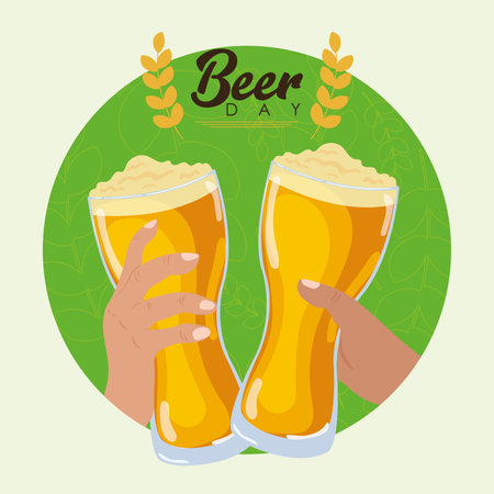 Pair of hands holding beer glasses with foam Vectorのイラスト素材