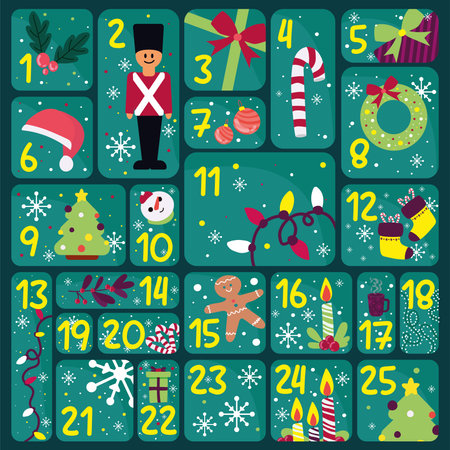 Green christmas advent calendar with different objects Vectorのイラスト素材