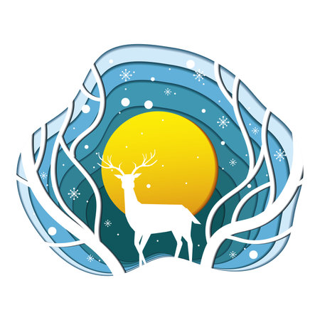 Isolated winter paper art banner with deer and trees Vectorのイラスト素材