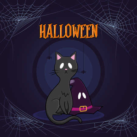 Colored halloween party poster with black cat and witch hat Vectorのイラスト素材