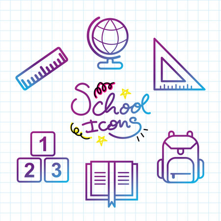 Colorful six school icons set on grid paper Vectorのイラスト素材