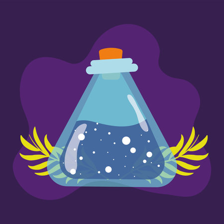 Potion bottle with glowing liquid on purple background Vectorのイラスト素材
