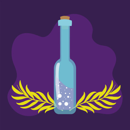 Potion bottle with glowing liquid on purple background Vectorのイラスト素材