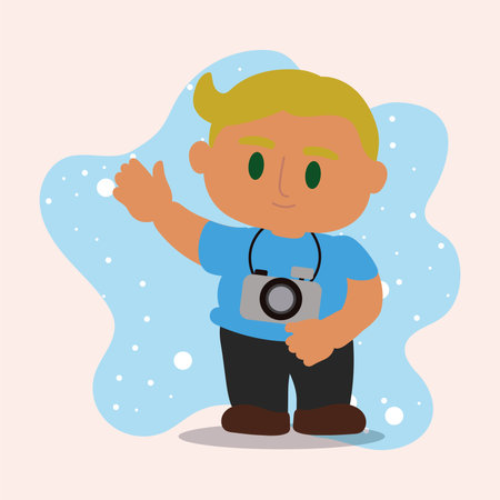 Cartoon photographer holding camera and waving, Vectorのイラスト素材