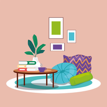 Cozy reading space with cushions and books Vectorのイラスト素材