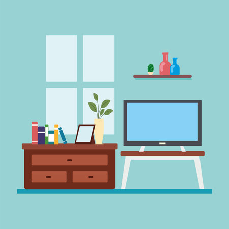 Modern living room with TV and bookshelf decor Vectorのイラスト素材