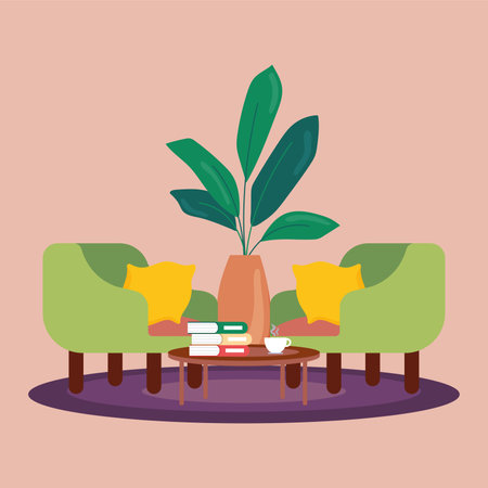 Modern living room with red armchairs and plants Vectorのイラスト素材