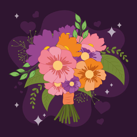 Colorful flower bouquet with leaves on dark background Vectorのイラスト素材