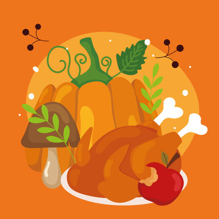 Pumpkin and turkey with greens. Vector illustrationのイラスト素材