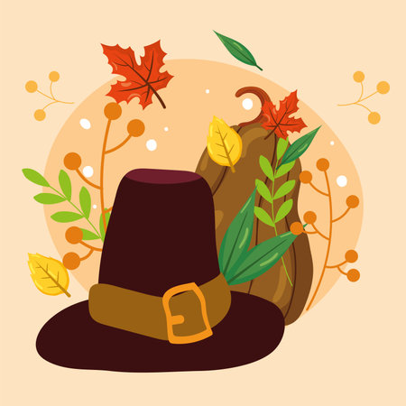 Pilgrim hat and squash leaves. Vector illustrationのイラスト素材