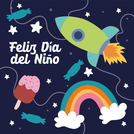 Rocket and rainbow night scene. Vector illustrationのイラスト素材