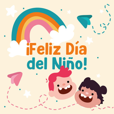 Happy kids and rainbow scene. Vector illustrationのイラスト素材