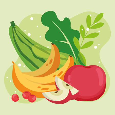 Bananas and apple with greens. Vector illustrationのイラスト素材