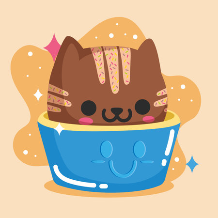 Chocolate cat inside bowl. Vector illustrationのイラスト素材