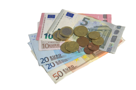 Sample banknotes and coins legal tender in Europe.の写真素材