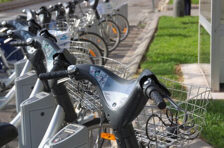 June 2018. Valencia, Spain. Bicycles available to the citizen who needs to move around the city