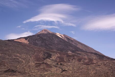 View of the volcano peak from the base in Las Canadas of Teide National Park on Tenerife Island, Spainの写真素材