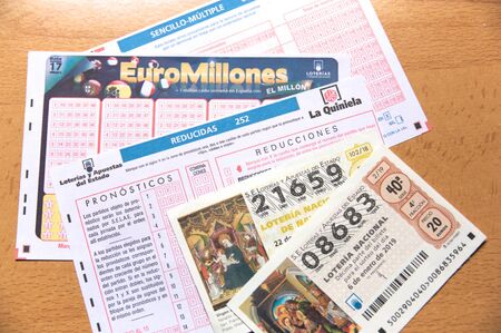 November 2019. Spain. Lottery tickets and bets of the Spanish state: Euromillions, football pool and national lottery.の写真素材