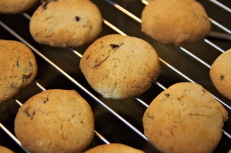 Close-up of some homemade cookies chilling on a tray after leaving the oven