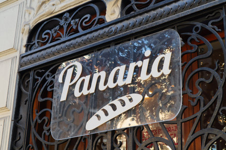 February 2020. Valencia, Spain. Close-up of the trademark of the cafeteria and bakery company Panaria.のeditorial素材