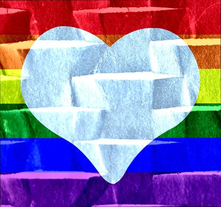 Image of a white heart that is located on a rainbow flag of the LGTBI movement with horizontal textureの写真素材