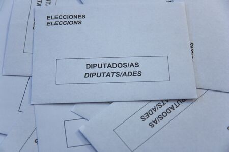 Close-up of some electoral envelopes for the elections to the Spanish courts where it reads: Elections and Deputies in two languages, Spanish and Catalanの写真素材