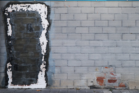Photograph of a weathered brick wall with a black bricked-up door framed by white paint