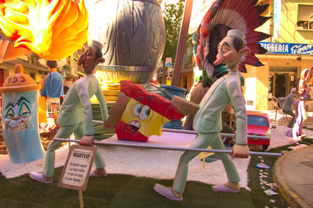 March, 2019. Valencia, Spain. Scene of a Fallas monument in which nurses appear symbolically...