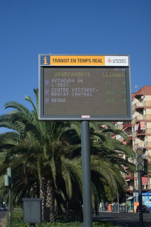 2022. Valencia, Spain. General plan of a panel indicating the free spaces in the various public car parks in the city of Valenciaのeditorial素材