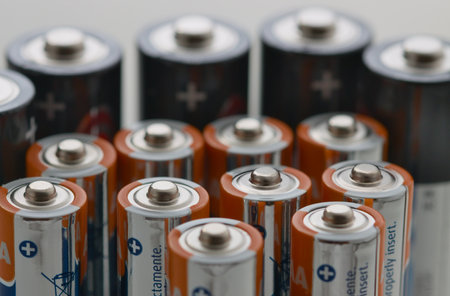 Flat lay of some AA and AAA type batteries standing upright against a white background