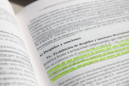 Image of a page of a text in Spanish about layoffs, sanctions and labor laws about workの写真素材
