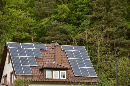 Solar panel cells on the roof of a new house