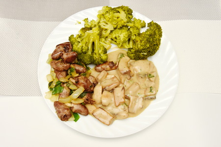 Stew with broccoli,chicken hearts and mushroomsの写真素材