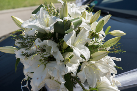 white lilies on the hood of a wedding carの写真素材