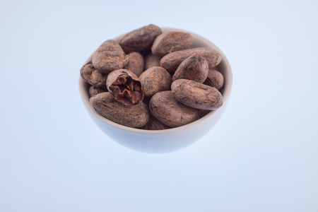 Cocoa beans ,Kakaobohnen, Cocoa seed in a porcelain bowlの写真素材