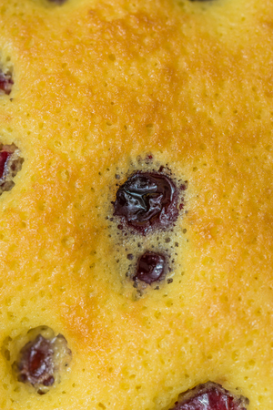 Yellow homemade cake with cherriesの写真素材