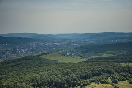 ROMANIA Bistrita view from the plane,august 2019,panoramic image over the hillsのeditorial素材