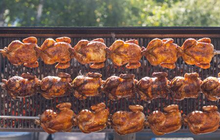 Roasted chickens on spit grilled over fire of a big barbecueの写真素材