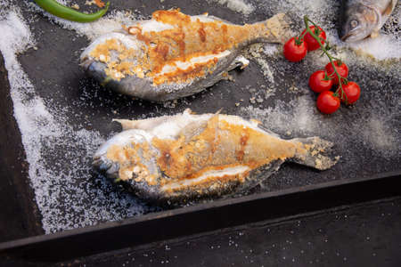 frozen fish with tomatoes and peppersの写真素材