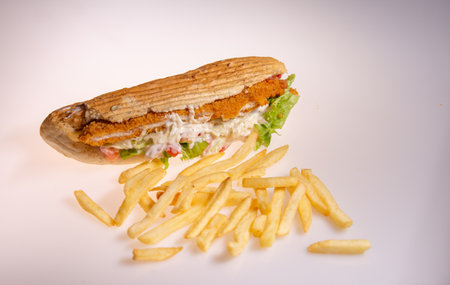sandwich with French fries and breaded chickenの写真素材