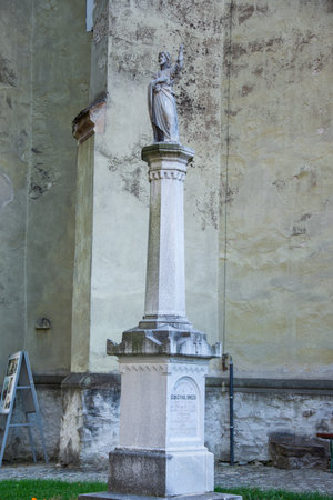 Statue of Bishop Georg Paul Binder near the entrance in Biertan fortified church, in Transylvania, Romania.2020, septemberのeditorial素材