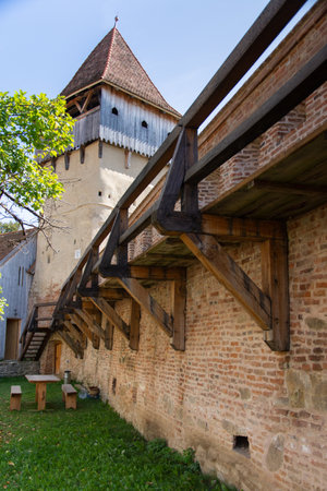 Fortified church from Alma Vii village, MoÈna commune, Sibiu ,Romania, September 2020,the inner courtyard and the Towerの写真素材