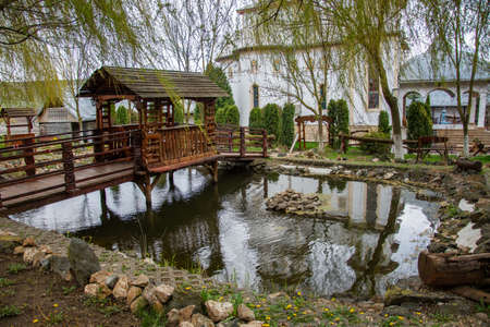 Dumbrava Monastery, Alba, ROMANIA, 2021,small lake in the courtyard of the monasteryの写真素材