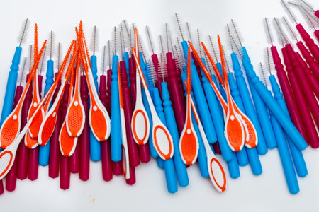three types of interdental brushes, 0.45 mm, coloredの写真素材