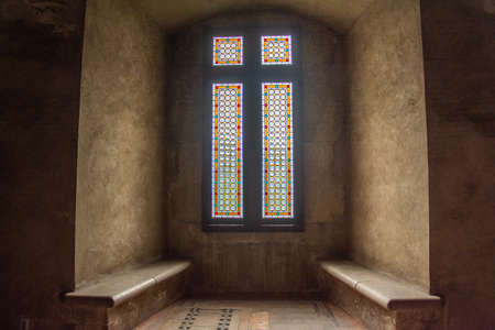 ROMANIA , Corvin Castle, Hunyadi Castle ,july,2021,Hunedoara, Transylvania,old interior windowsのeditorial素材