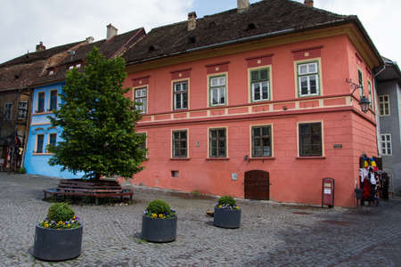 Romania. 2017  Stone paved old streets with colorful houses in Sighisoara fortress, Transylvania ,may,のeditorial素材