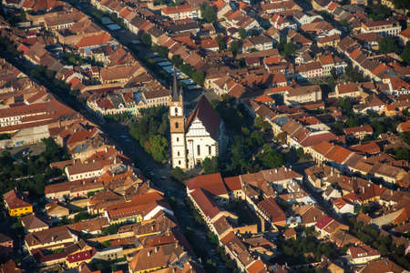 ROMANIA ,Bistrita, Panoramic aerial view and Evangelical Church, august 2020
