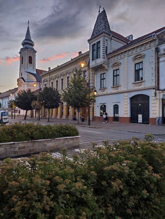 Gheorghe Sincai Street Romania  Bistrita  ,   2021, august ,Roman Catholic Churchのeditorial素材