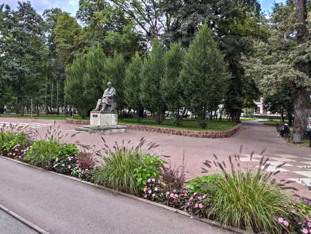 the statue of the writer   George Cosbuc in Bistrita, Romania,2021